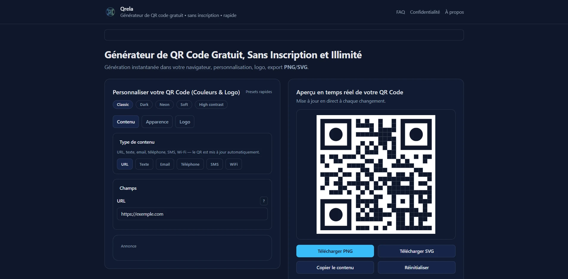 Capture du projet Qrela · Générateur de QR code gratuit