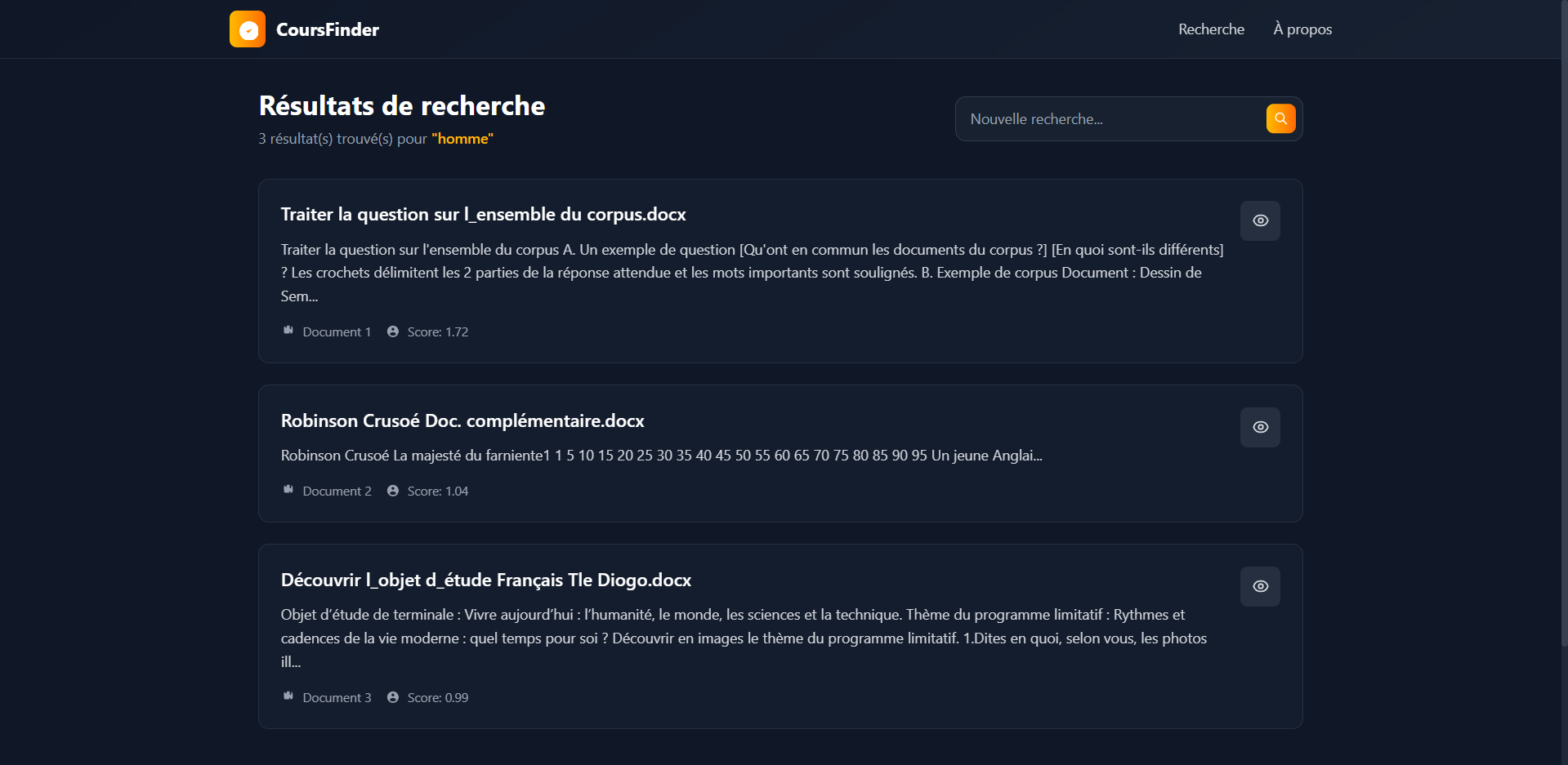 Capture du projet CoursFinder · Moteur de recherche pour mes cours